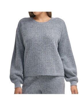 DKNY Gray Ribbed Crewneck Sweater with Balloon Sleeves